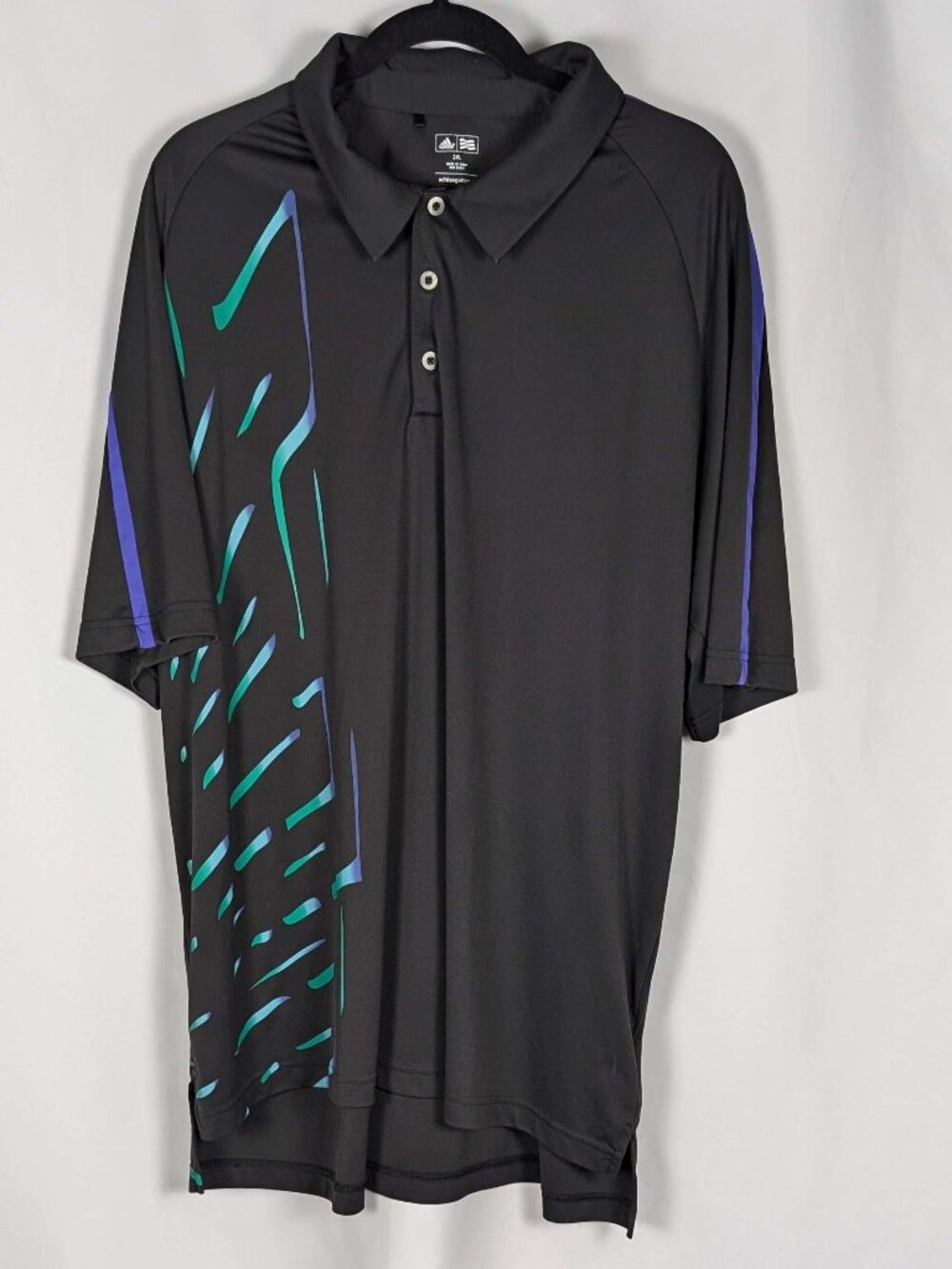 Adidas Golf Men’s Polo Shirt Size 2XL Black W/ Green & Purple Accents EUC